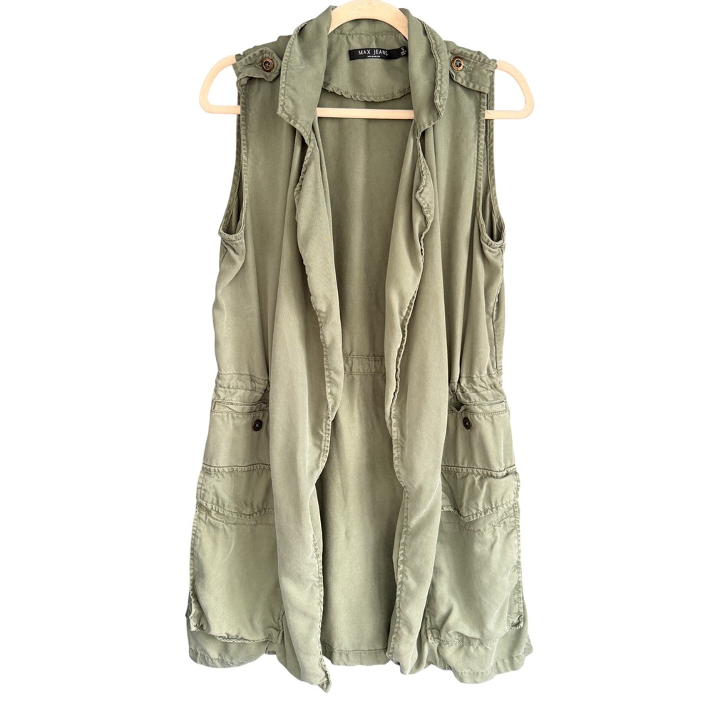 A4 Max Jeans Olive Green Sleeveless Chambray Tencel Utility Duster‎ Vest Small S